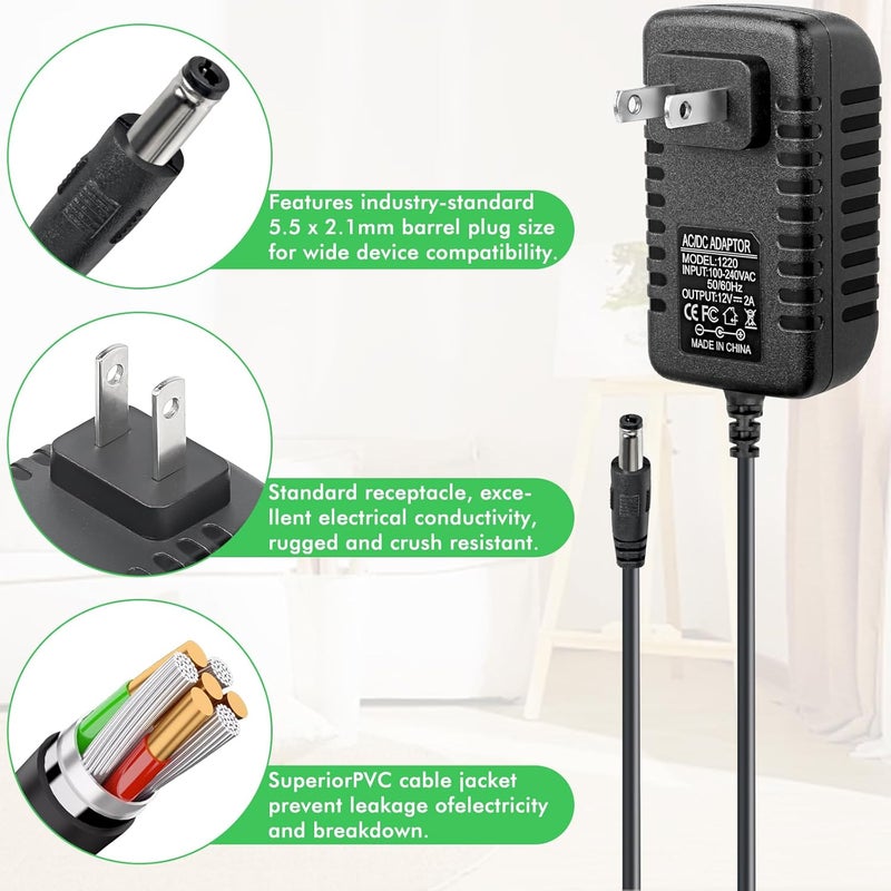 MADOWL DC Power Supply Adapter, 12V 2A, Black, 5.5 x 2.1mm Center Positive Connector, for Guitar Pedals, Piano Keyboards, Electronic Musical Instruments - Image 5